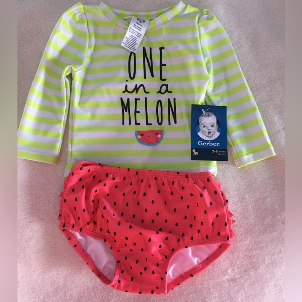 Size 3-6 months baby swimsuit bathing suit watermelon girl ruffles green red
